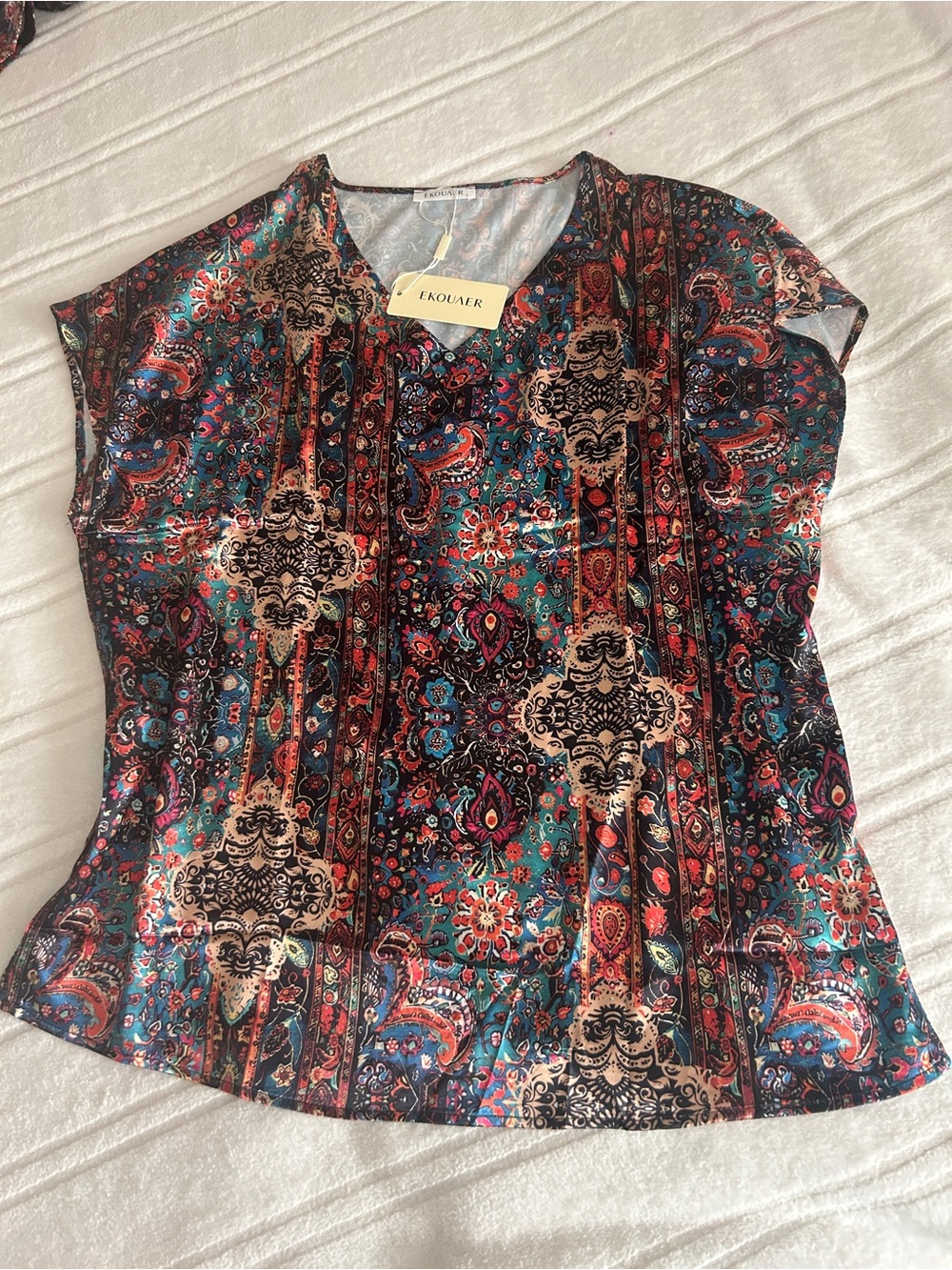 Ekouaer Women's Orange Blue Short Sleeve Printed Top Sz L